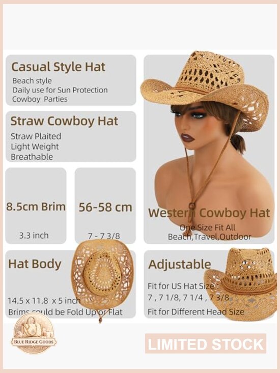 Straw Cowboy Hat Wide Brim Shapeable Sun Beach Western Unisex